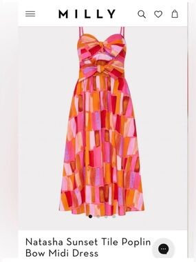 Milly Natasha Sunset Tile Poplin Bow Midi Dress — Pink, Orange